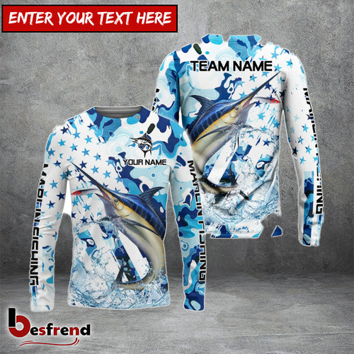 Besfrend Marlin Fishing Blue White American Flag Custom Name  Team Name 3D Shirts