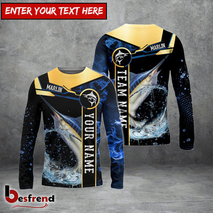 Besfrend Marlin Fishing Golden With Blue Flame Pattern Custom Name  Team Name 3D Shirts