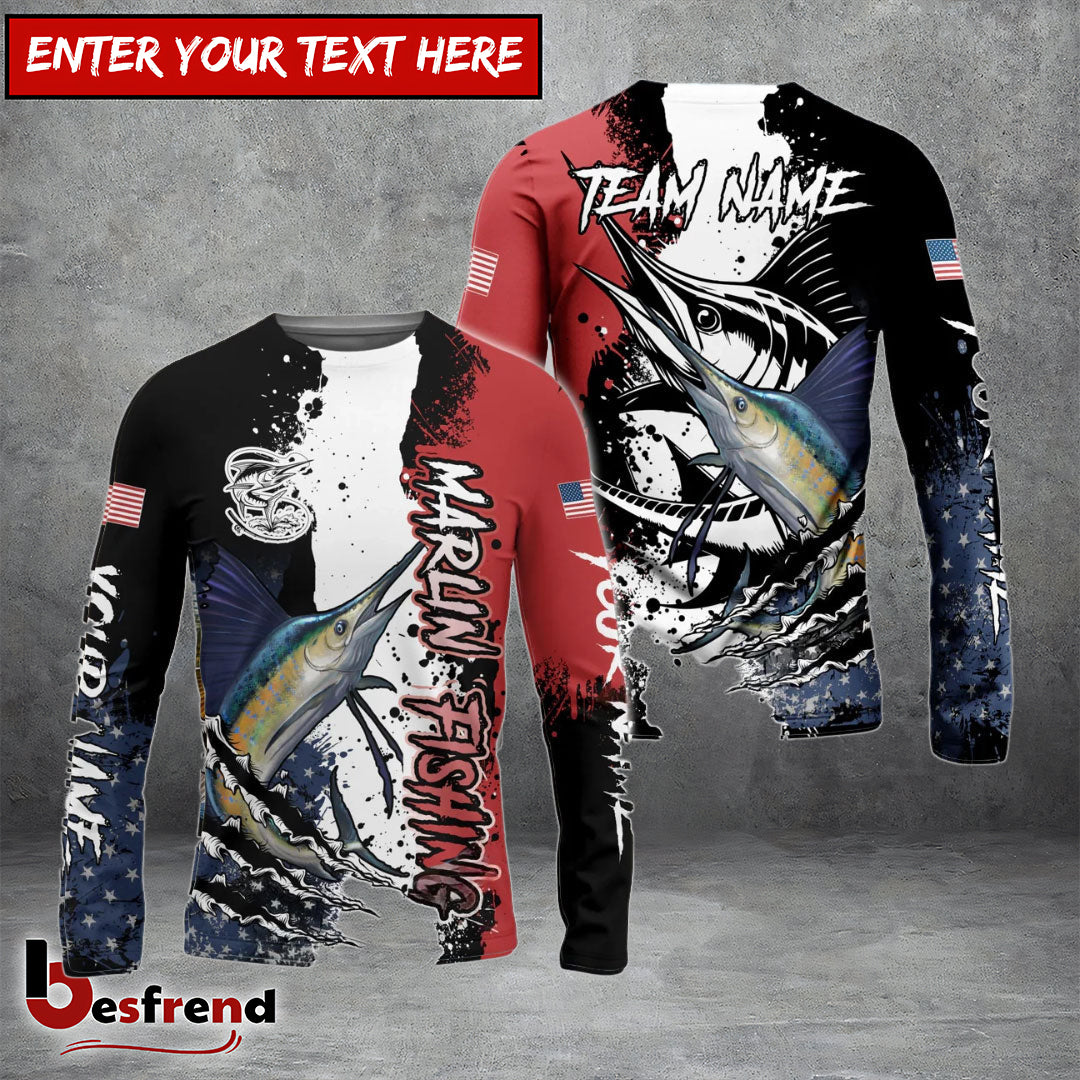 Besfrend Marlin Fishing Paint Scratch American Flag scratch Sport Custom Name  Team Name 3D Shirts