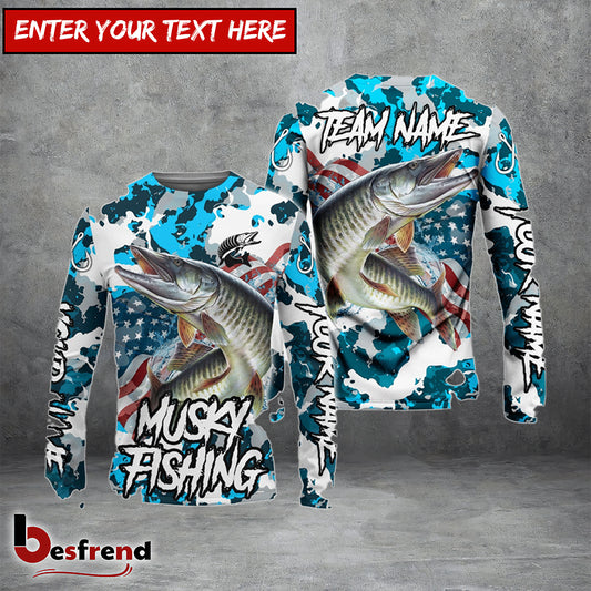 Besfrend Musky Fishing American Flag Light Blue Camo Custom Name  Team Name 3D Shirts
