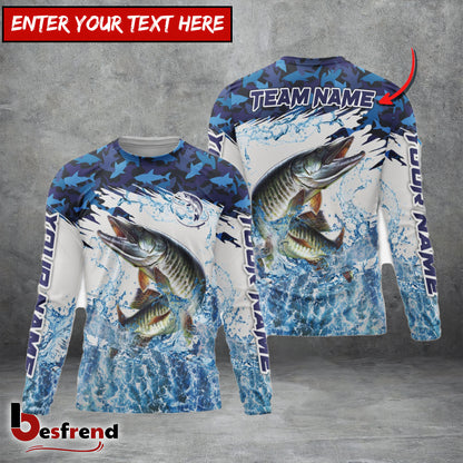Besfrend Musky Fishing Blue Camo Clear Water Custom Name  Team Name 3D Shirts
