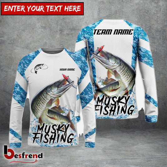 Besfrend Musky Fishing Blue Camo White Pattern Sport Custom Name  Team Name 3D Shirts