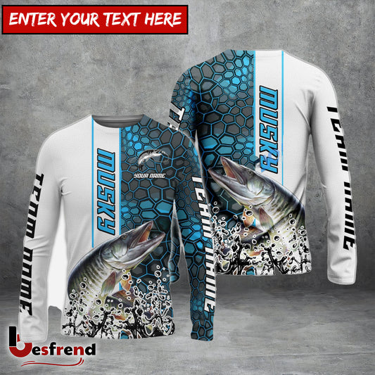 Besfrend Musky Fishing Blue Fin Bling Camo Sport Custom Name  Team Name 3D Shirts