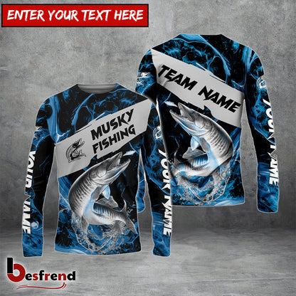 Besfrend Musky Fishing Blue Lava Sport Custom Name  Team Name 3D Shirts