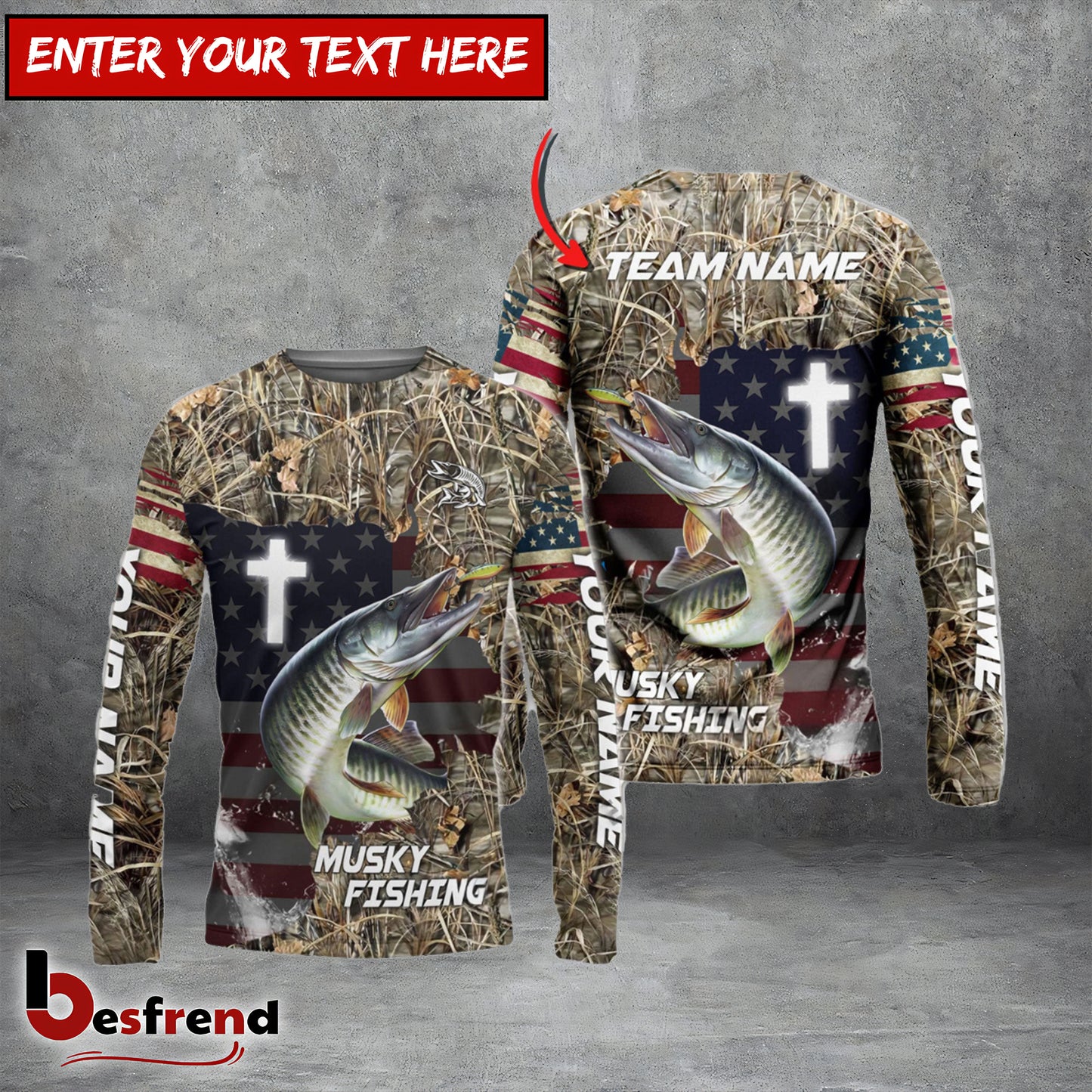 Besfrend Musky Fishing Cross Camo Custom Name  Team Name 3D Shirts