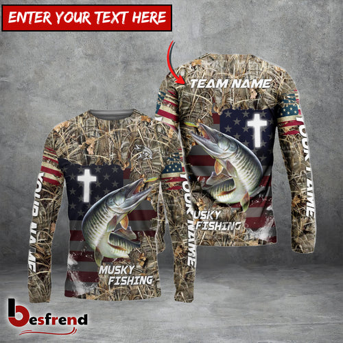 Besfrend Musky Fishing Cross Camo Custom Name  Team Name 3D Shirts
