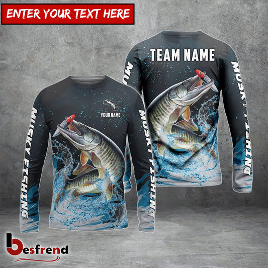 Besfrend Musky Fishing Dark Blue Sport Custom Name  Team Name 3D Shirts