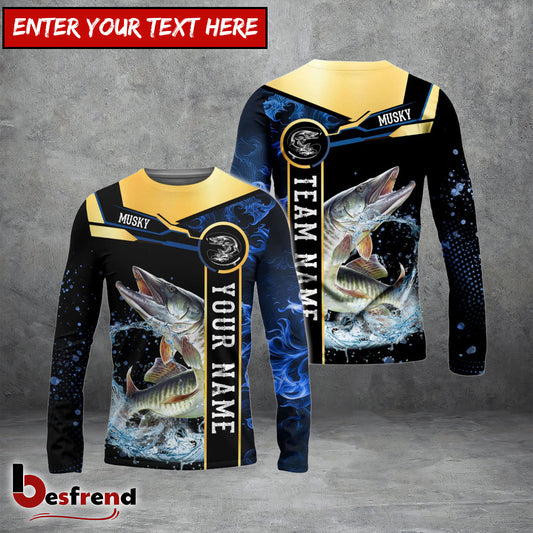 Besfrend Musky Fishing Golden With Blue Flame Pattern Custom Name  Team Name 3D Shirts