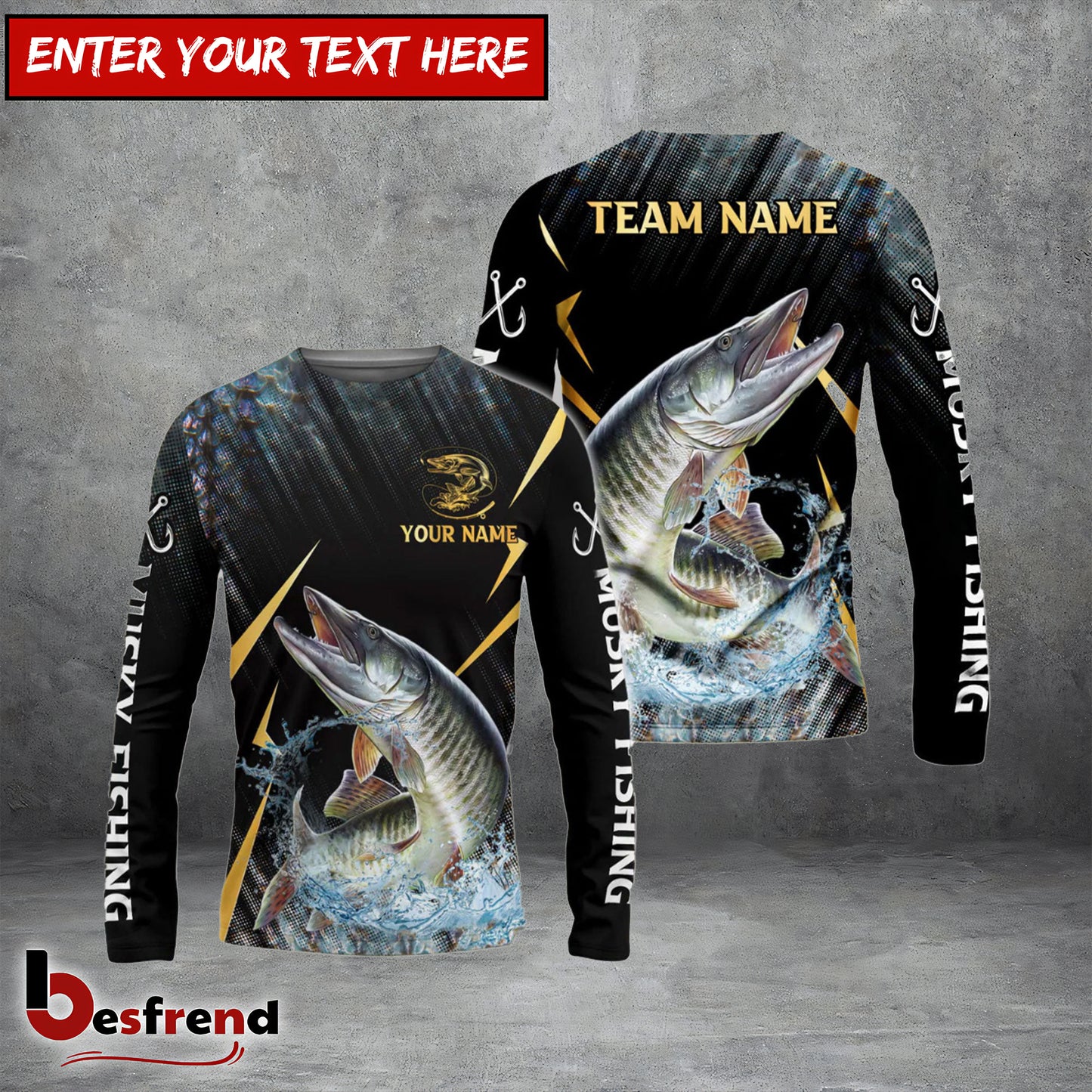 Besfrend Musky Fishing Golden With Skinfish Pattern Custom Name  Team Name 3D Shirts