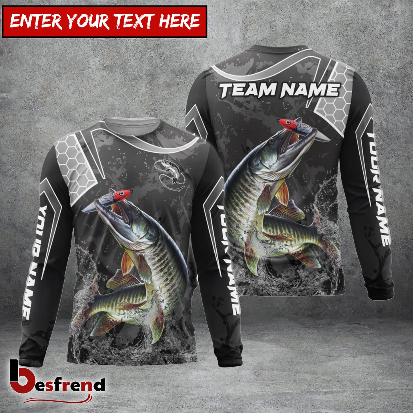 Besfrend Musky Fishing Gray Camo Sport Custom Name  Team Name 3D Shirts