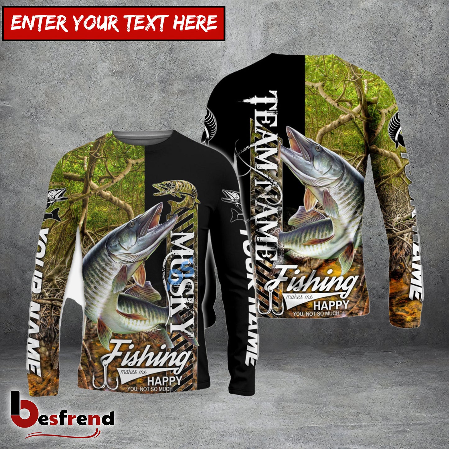 Besfrend Musky Fishing Jungle Camo Custom Name  Team Name 3D Shirts