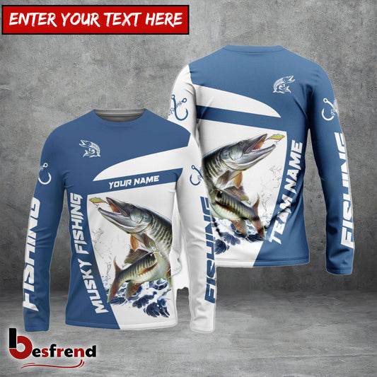 Besfrend Musky Fishing Light Navy Sport Custom Name  Team Name 3D Shirts