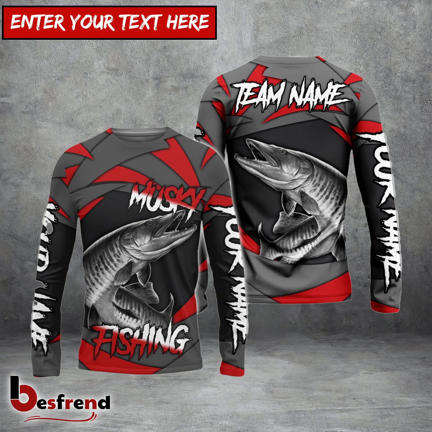 Besfrend Musky Fishing Red Gray Spinning Pattern Custom Name  Team Name 3D Shirts