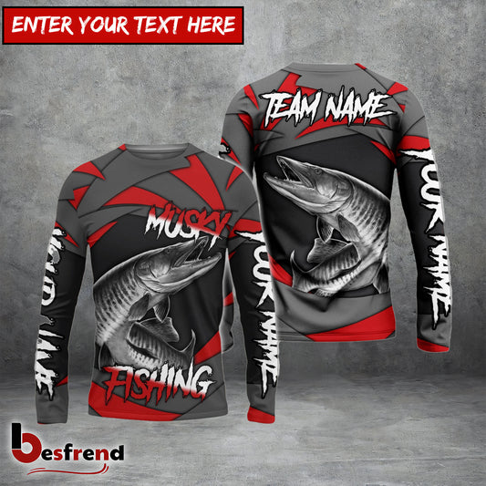 Besfrend Musky Fishing Red Gray Spinning Pattern Custom Name  Team Name 3D Shirts