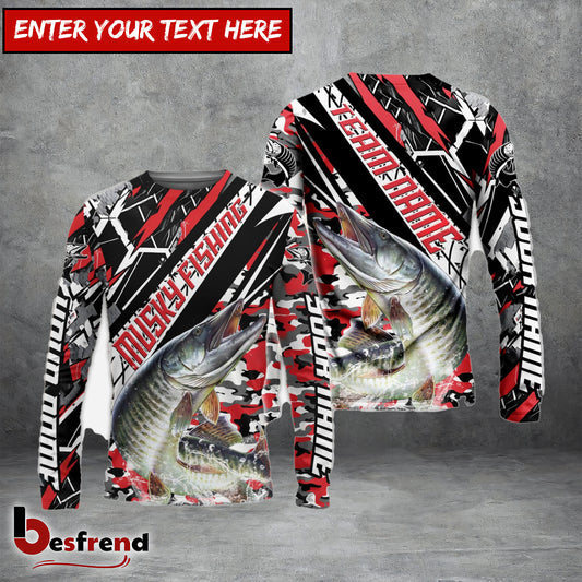 Besfrend Musky Fishing Red Grunge Camo Custom Name  Team Name 3D Shirts
