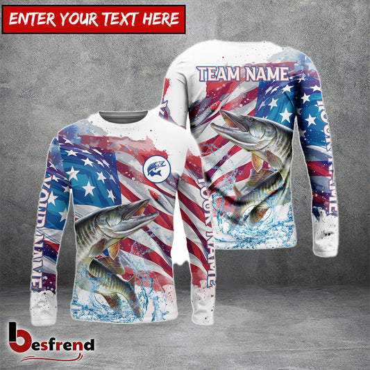 Besfrend Musky Fishing Watercolor USA Flag Custom Name  Team Name Shirts