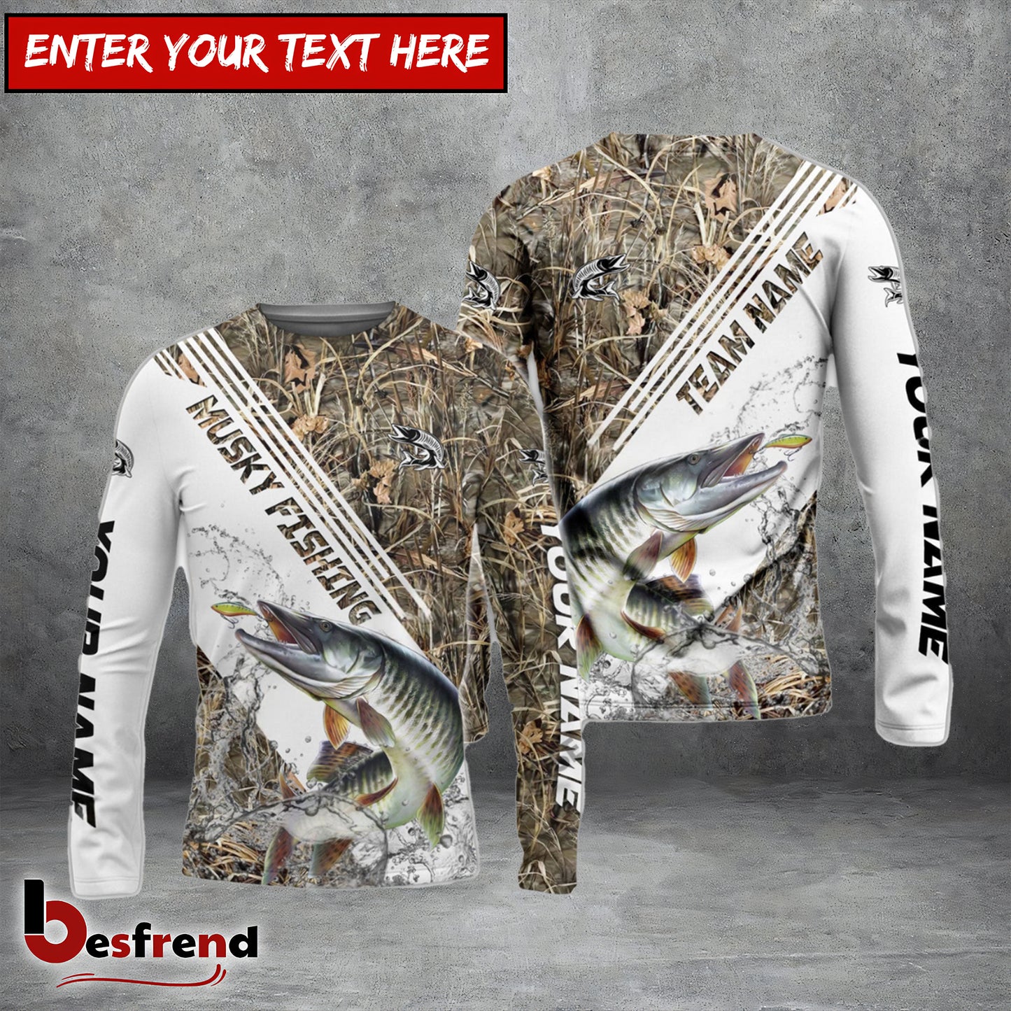 Besfrend Musky Fishing White And Grass Camo Sport Custom Name  Team Name 3D Shirts
