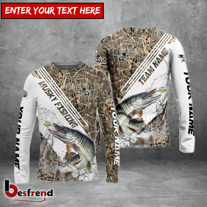 Besfrend Musky Fishing White And Grass Camo Sport Custom Name  Team Name 3D Shirts