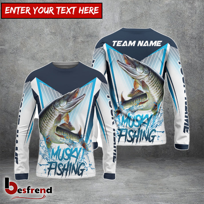 Besfrend Musky Fishing White Blue Camo Sport Custom Name  Team Name 3D Shirts