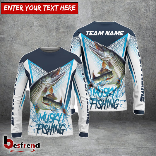 Besfrend Musky Fishing White Blue Camo Sport Custom Name  Team Name 3D Shirts