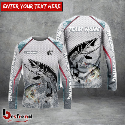 Besfrend Musky Fishing White Fin Water Silhouette Sport Custom Name  Team Name 3D Shirts