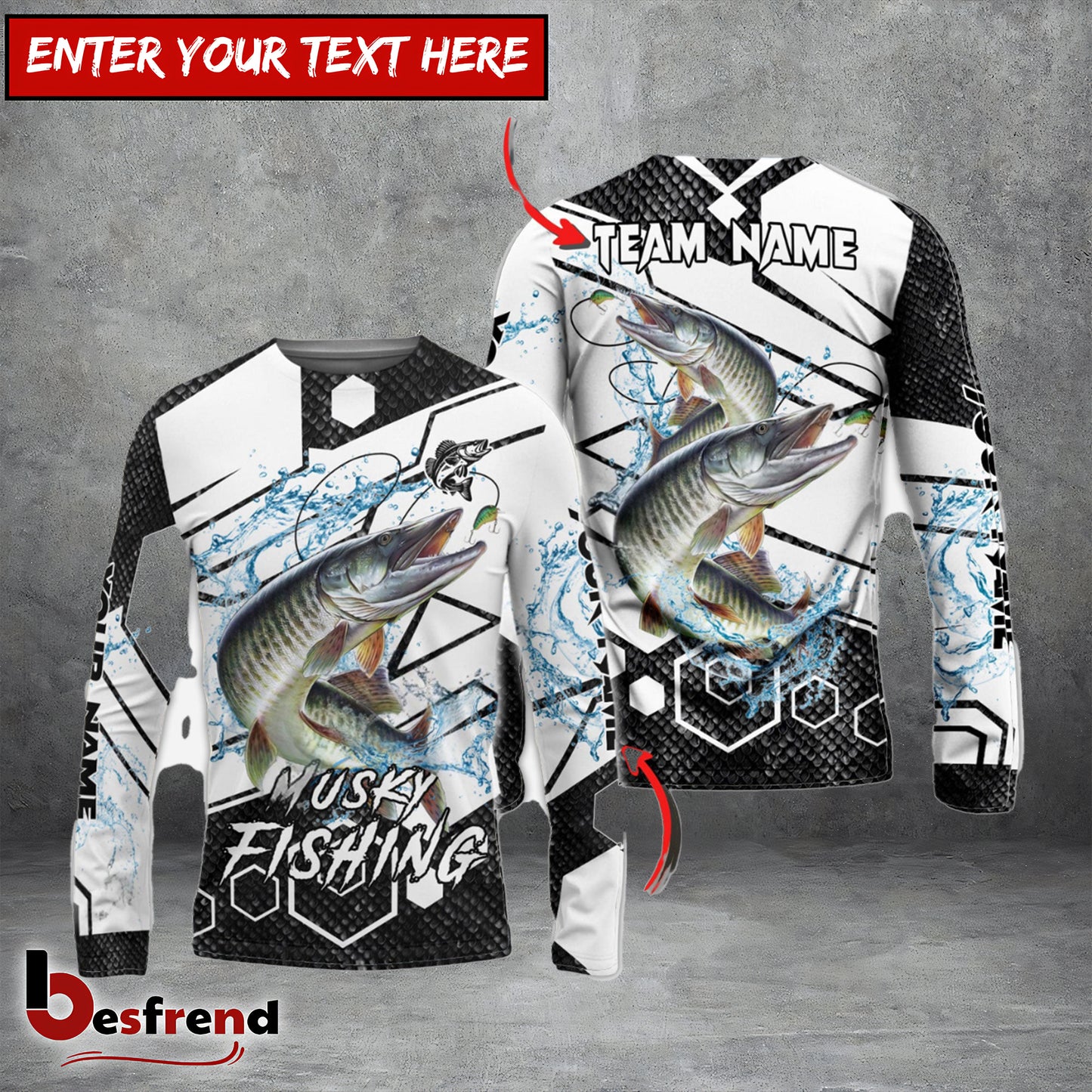 Besfrend Musky Fishing White Gray Black Hexagon Sport Custom Name  Team Name 3D Shirts