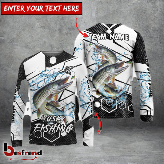 Besfrend Musky Fishing White Gray Black Hexagon Sport Custom Name  Team Name 3D Shirts