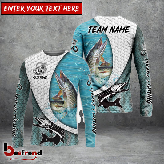 Besfrend Musky Fishing White Skin Diagonal Custom Name  Team Name 3D Shirts