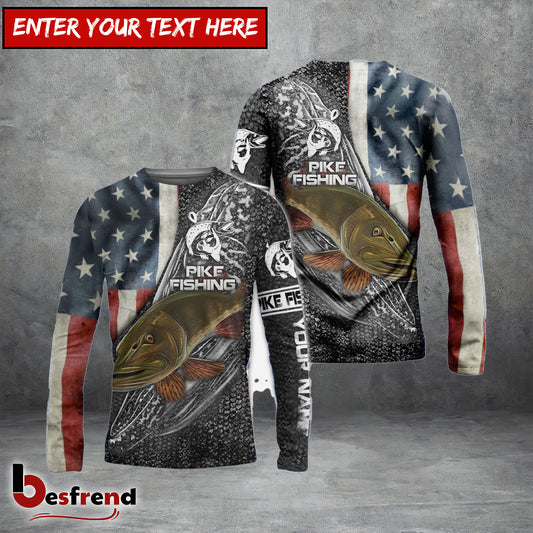 Besfrend Northern Pike Fishing American Flag Custome Name 3D Shirts