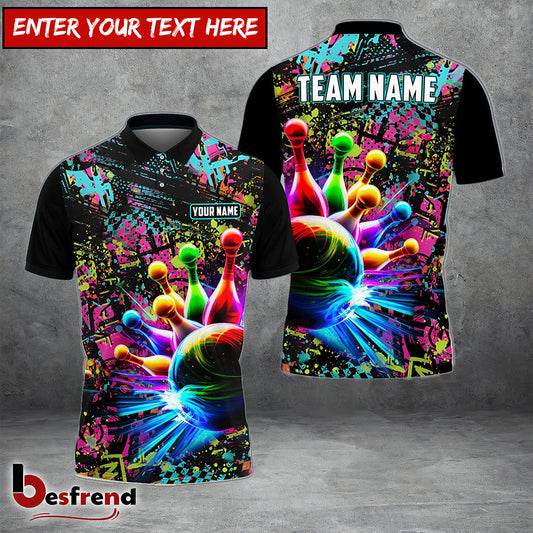 Besfrend Personalized Name and Team Name Paint Colorful Bowling and Pins 3D Shirt