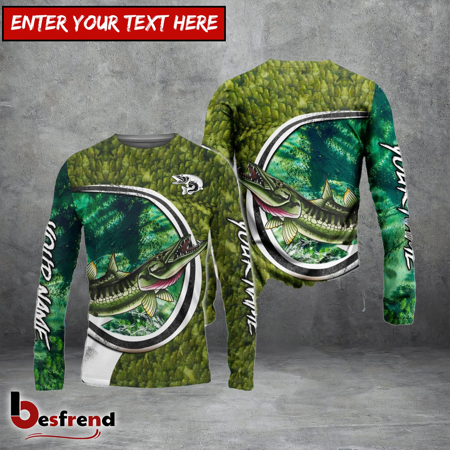 Besfrend Pickerel Fishing Hook Green Custom Long Sleeves Fishing Shirt