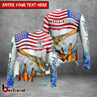 Besfrend Pike Fishing American Flag Beer Custom Name  Team Name 3D Shirts