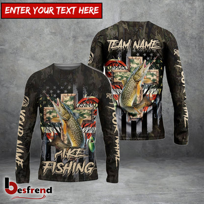 Besfrend Pike Fishing American Flag Camo Cross Gear Custom Name  Team Name 3D Shirts