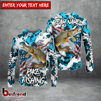 Besfrend Pike Fishing American Flag Light Blue Camo Custom Name  Team Name 3D Shirts