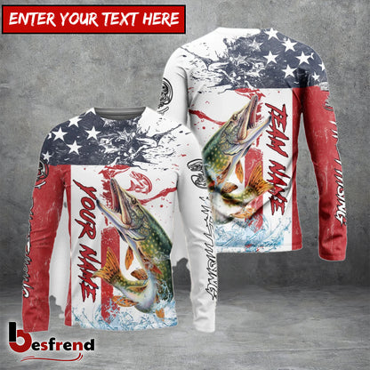 Besfrend Pike Fishing American Flag Red Blue Seawave Custom Name  Team Name 3D Shirts