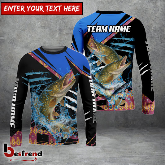 Besfrend Pike Fishing Blue Brocade Pattern Custom Name  Team Name 3D Shirts