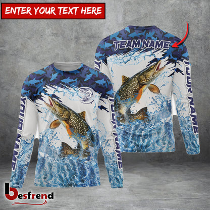 Besfrend Pike Fishing Blue Camo Clear Water Custom Name  Team Name 3D Shirts
