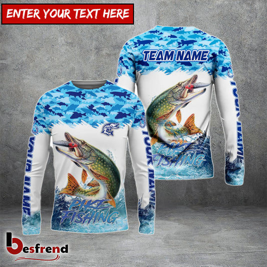 Besfrend Pike Fishing Blue Water Camo Custom Name  Team Name 3D Shirts