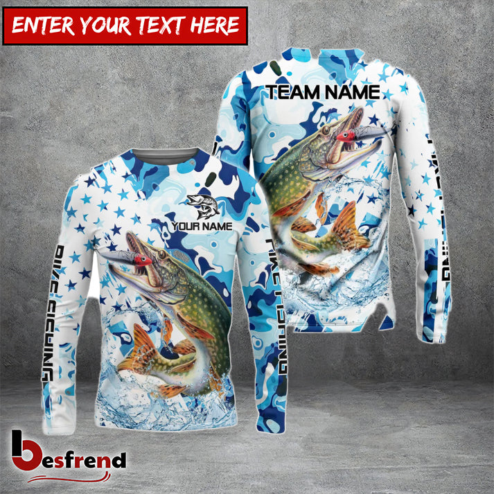 Besfrend Pike Fishing Blue White American Flag Custom Name  Team Name 3D Shirts