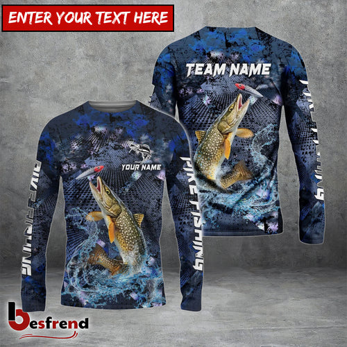 Besfrend Pike Fishing Dark Blue Camouflage Custom Name  Team Name 3D Shirts
