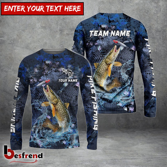 Besfrend Pike Fishing Dark Blue Camouflage Custom Name  Team Name 3D Shirts