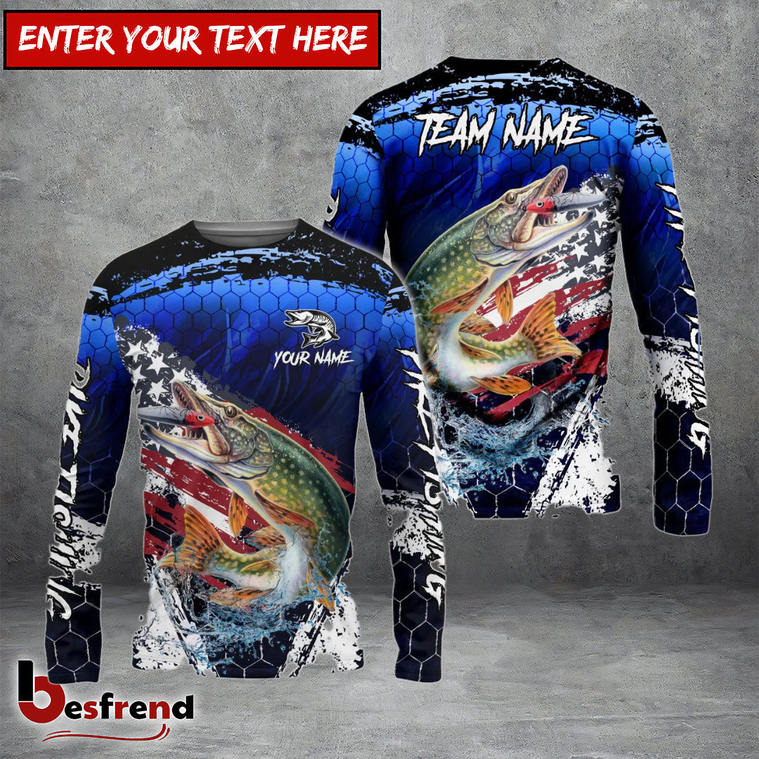 Besfrend Pike Fishing Dark Blue Scratch American Flag scratch Sport Custom Name  Team Name 3D Shirts