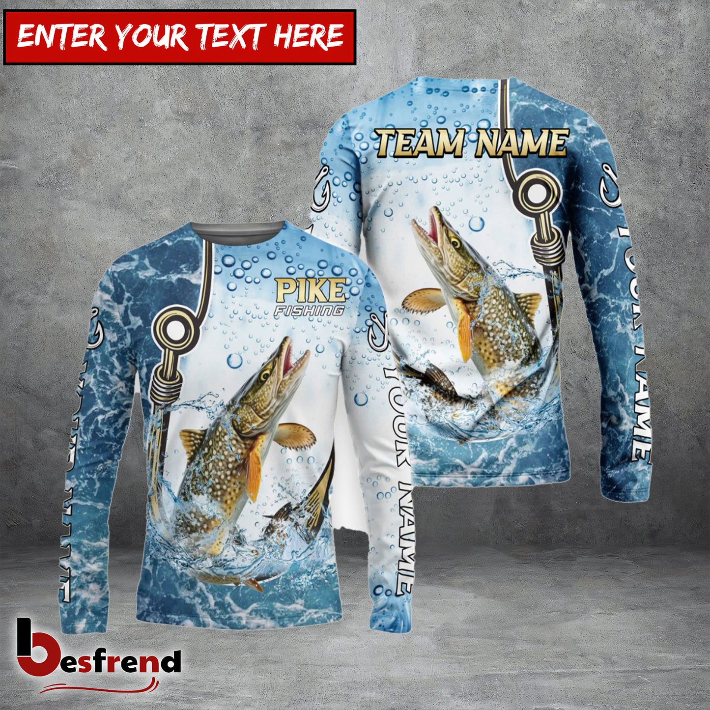 Besfrend Pike Fishing Golden Hook Graphic Sport Custom Name  Team Name 3D Shirts