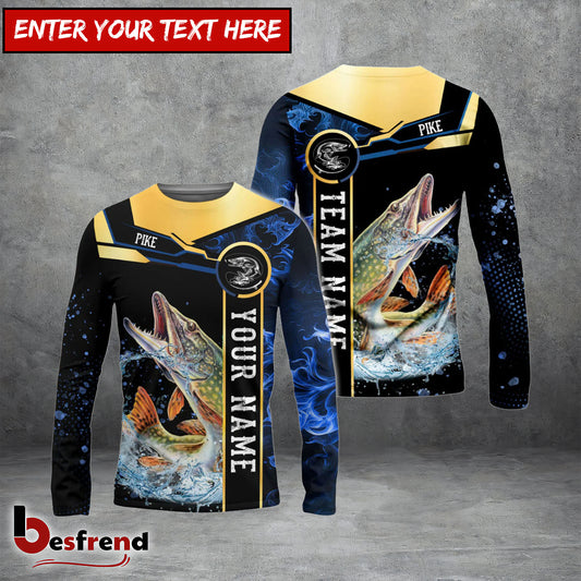 Besfrend Pike Fishing Golden With Blue Flame Pattern Custom Name  Team Name 3D Shirts