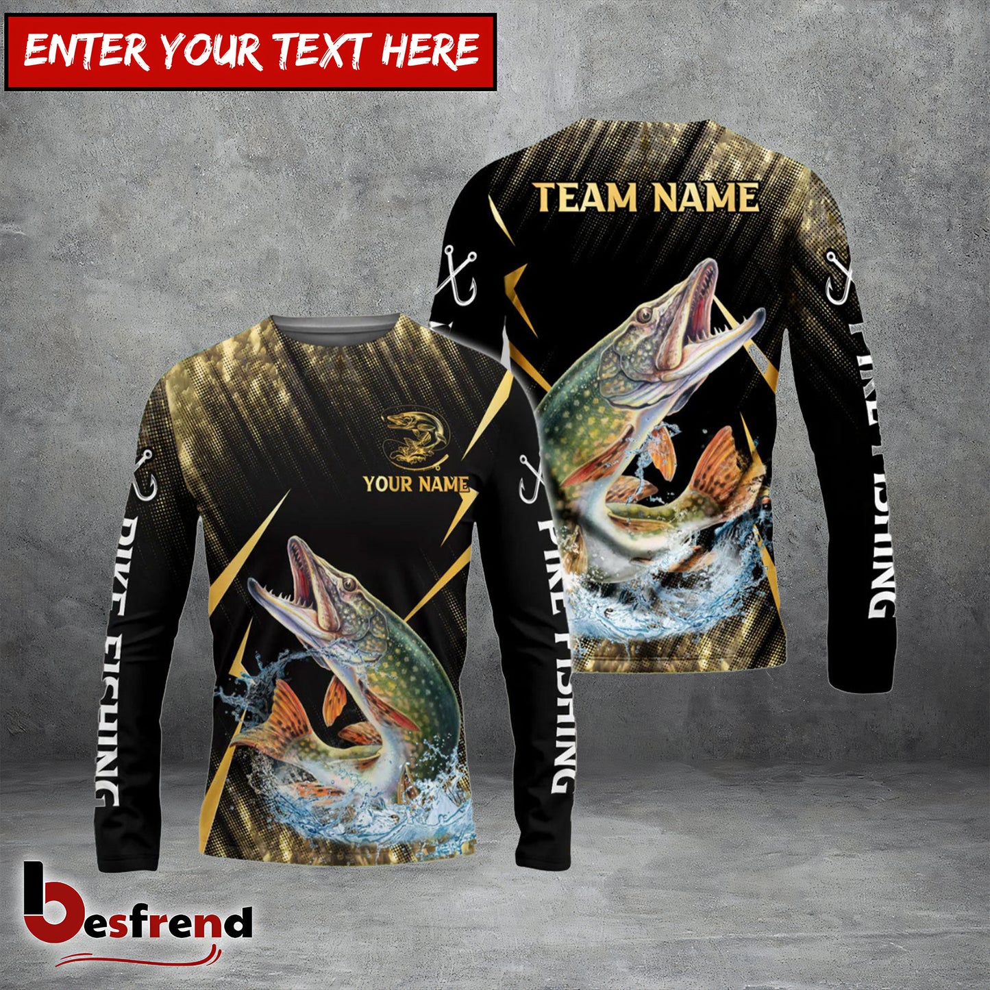 Besfrend Pike Fishing Golden With Skinfish Pattern Custom Name  Team Name 3D Shirts