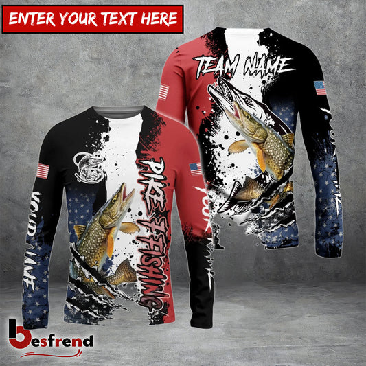 Besfrend Pike Fishing Paint Scratch American Flag scratch Sport Custom Name  Team Name 3D Shirts