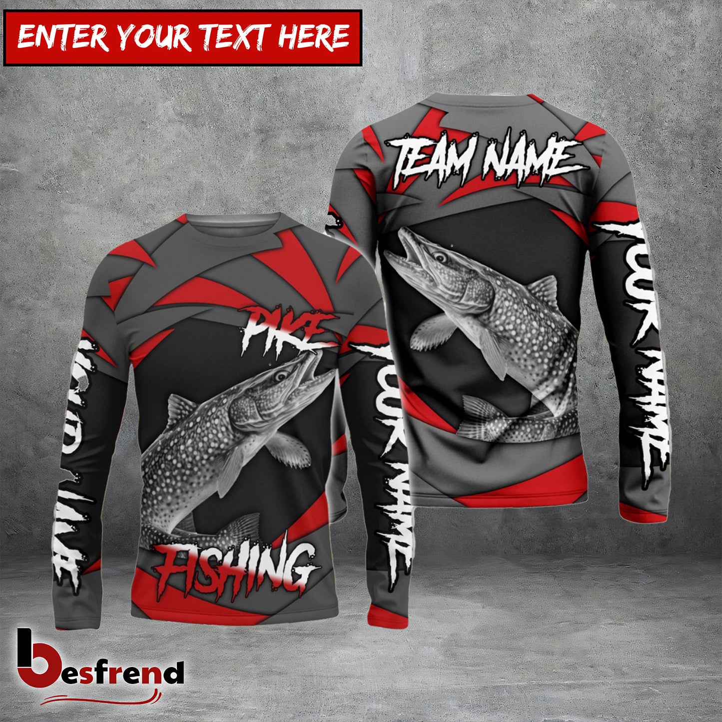 Besfrend Pike Fishing Red Gray Spinning Pattern Custom Name  Team Name 3D Shirts