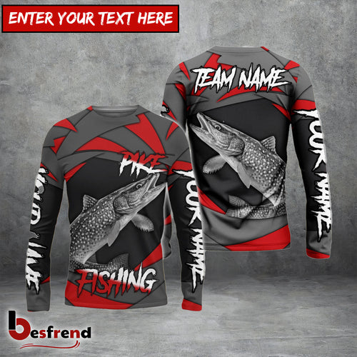 Besfrend Pike Fishing Red Gray Spinning Pattern Custom Name  Team Name 3D Shirts