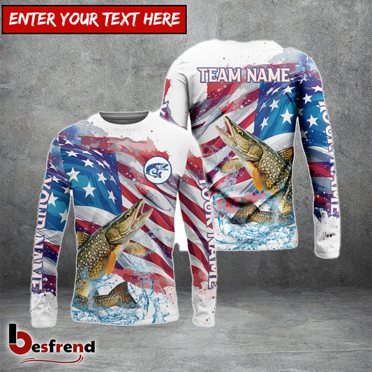 Besfrend Pike Fishing Watercolor USA Flag Custom Name  Team Name Shirts