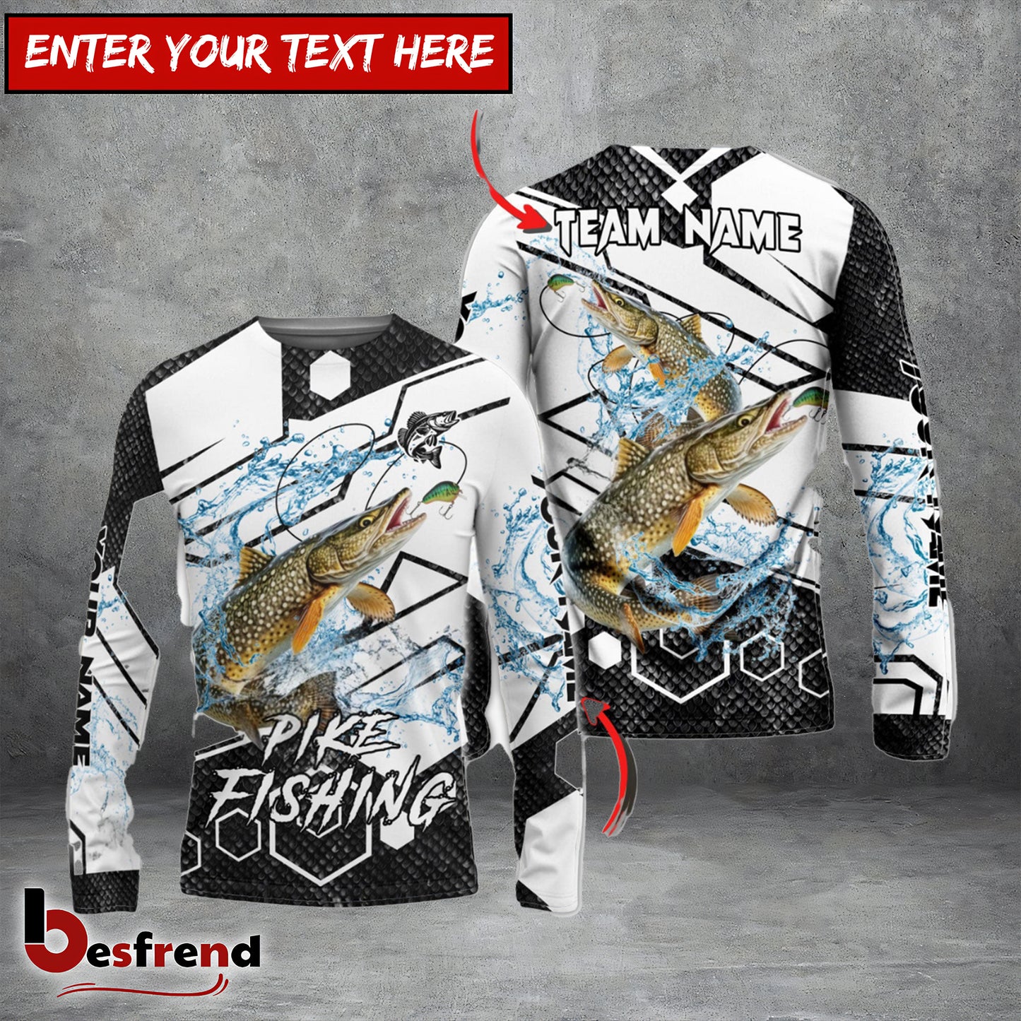 Besfrend Pike Fishing White Gray Black Hexagon Sport Custom Name  Team Name 3D Shirts